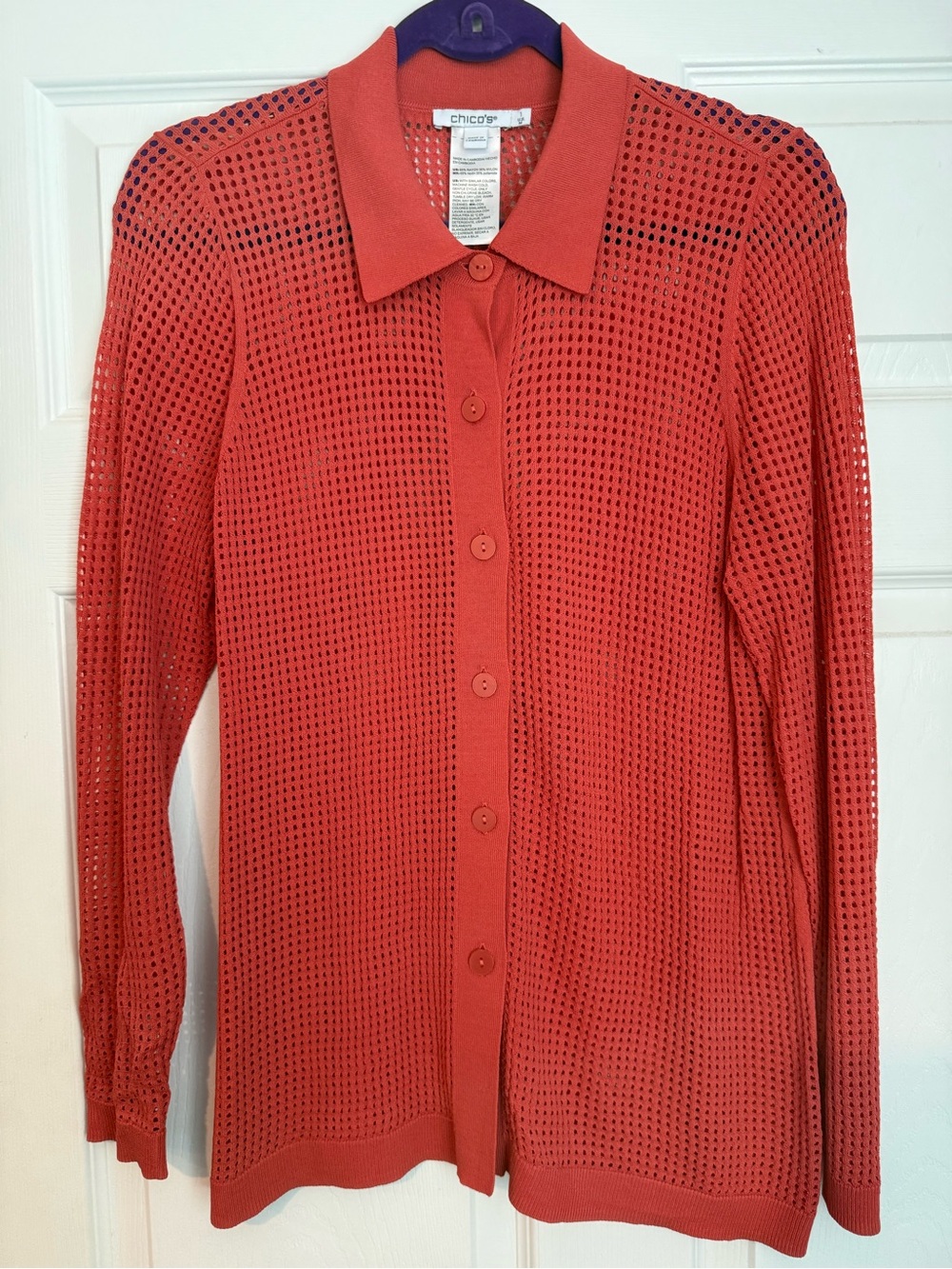 Chico's Coral Open-Knit Button Cardigan